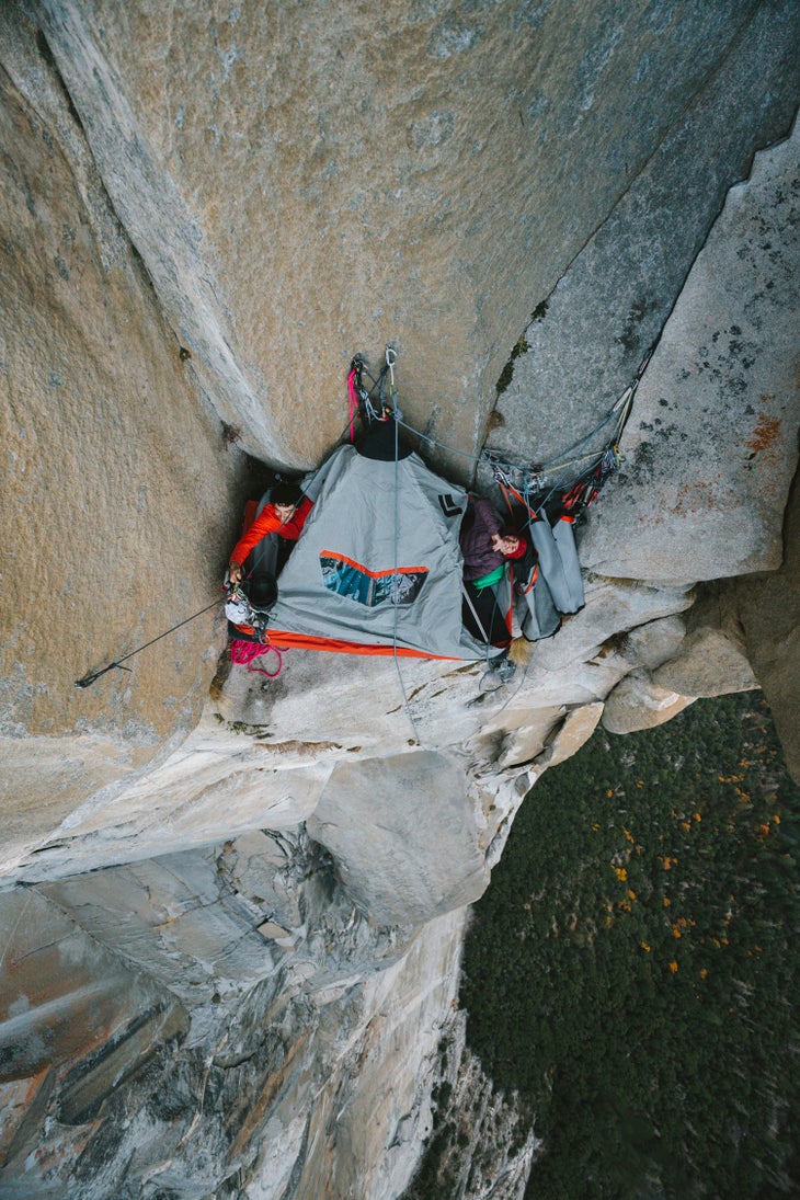 Jacopo Larcher (left) and Babsi Zangerl rest in their portaledge partway through their ascent of Free Rider. Larcher came painfully close to flashing the route.