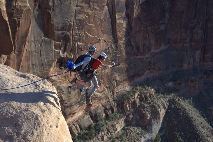 Tandem BASE jumpers in the air