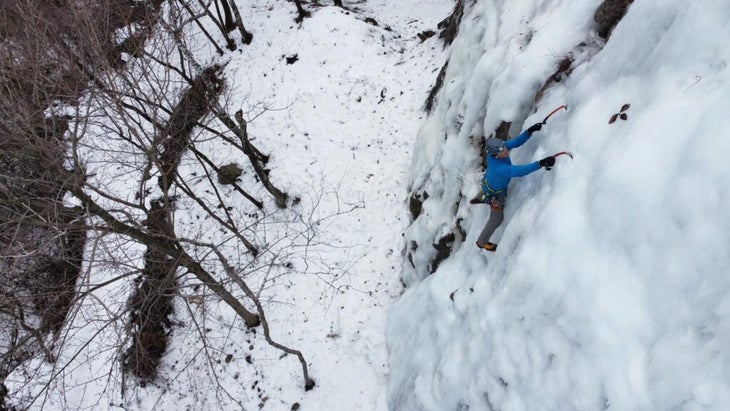 an ice climber soloing