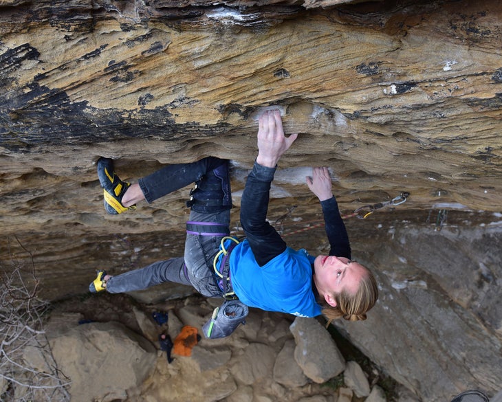 The author projects 'Fifty Words for Pump' (5.14b) at the Red River Gorge.