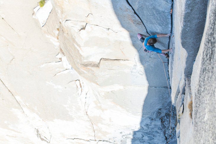 A rock climber on the lead at The Nose, just left of Schnoz 