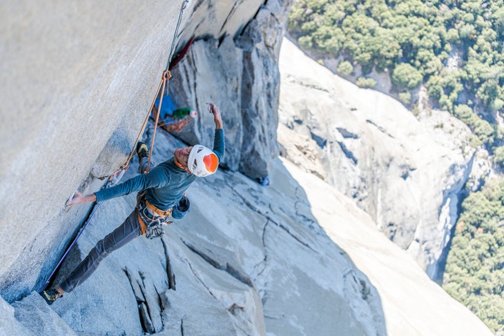 A top down shot of a rock climber on the Nose.