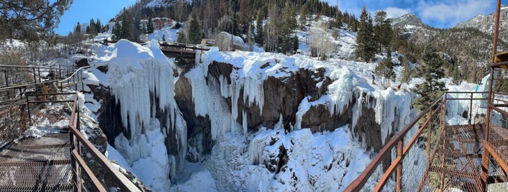 a panoramic photo of ice climbs at the Ouray Ice Park
