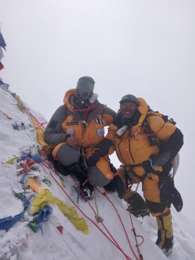 Lhakpa Tenji Sherpa and another climber on the steep snowy slope of Makalu