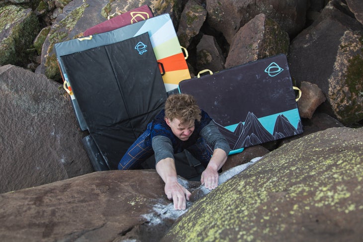 Daniel Frandson climbing on a hard boulder problem in Idaho.