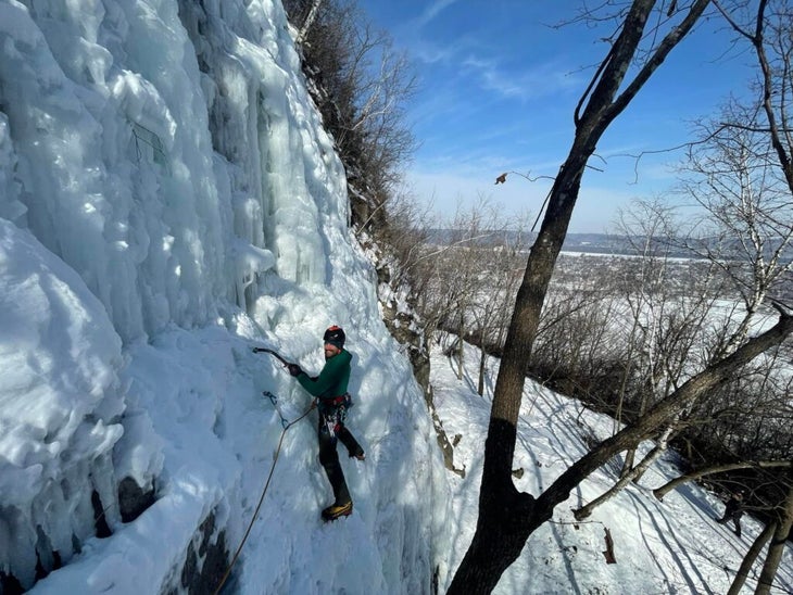 an ice climber on lead