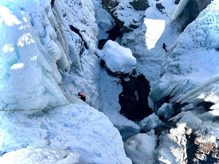 an ice climber viewed from above at Ouray Ice Park, the biggest U.S. ice park and biggest ice park in the world