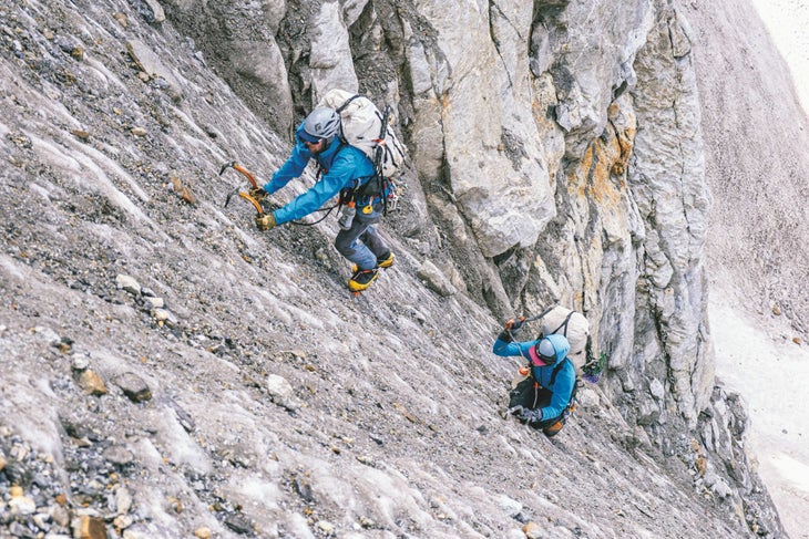 Blue-collar ice climbing en route to advanced base camp.
