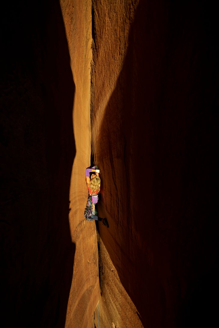 Pamela Shanti Pack on pitch three of Battle Born, in Indian Creek.