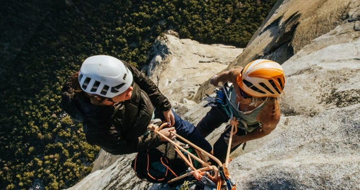 Two women climbers tied into an anchor on The Nose in Yosemite