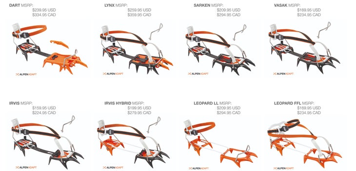 The long lineup of the Alpen Adapt crampons. It’s a complex bunch, but we’ll tell you which ones are worth your while below.