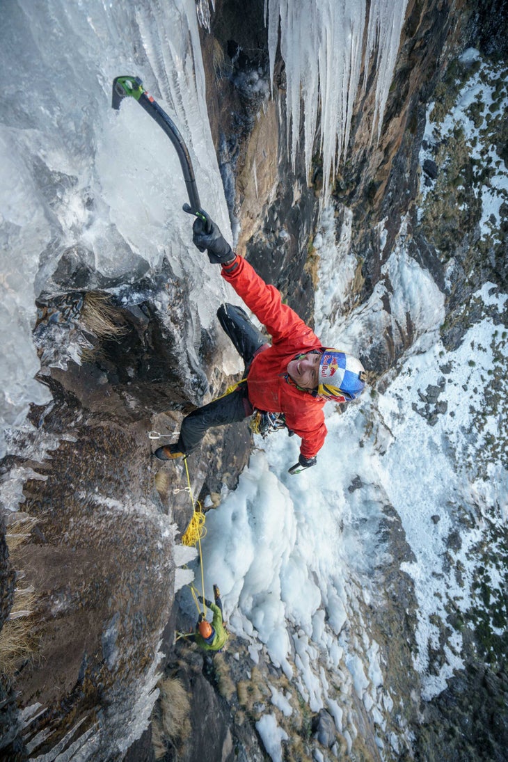 Will Gadd climbs a steep ice dagger in South Africa.
