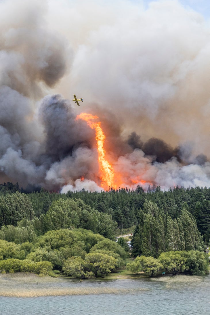 A plane fights a wildfire in Northern Patagonia.
