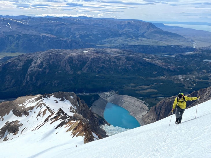 Colin Haley hikes up the East Face of Cerro Eléctrico on a training lap before the FKT.