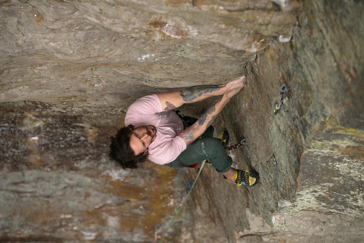 The author pondering an impossibly high foot on the first crux of Stem Cell.