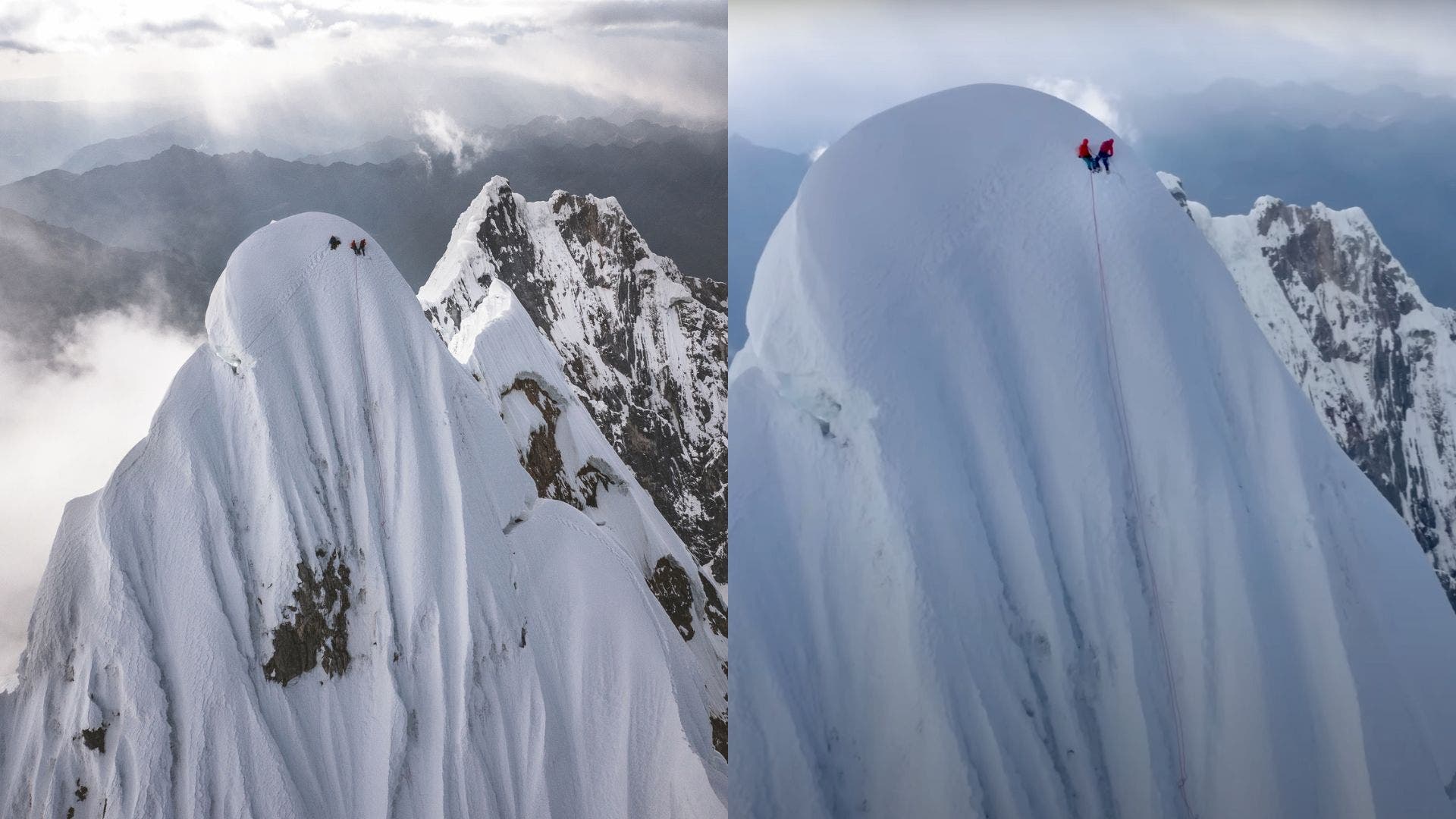 Two photos laid side by side. The left with three climbers on a snowy summit, the right with only two. The right photo become the subject of a Reel Rock controversy.