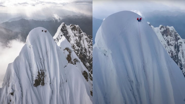 Two photos laid side by side. The left with three climbers on a snowy summit, the right with only two. The right photo become the subject of a Reel Rock controversy.