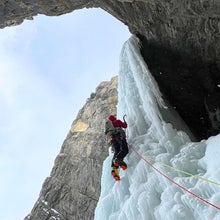 Emilie Grenier climbs the crux pitch of 'Polar Circus' (WI 5; 700m), Canadian Rockies, wearing the new La Sportiva G-Summit boot.