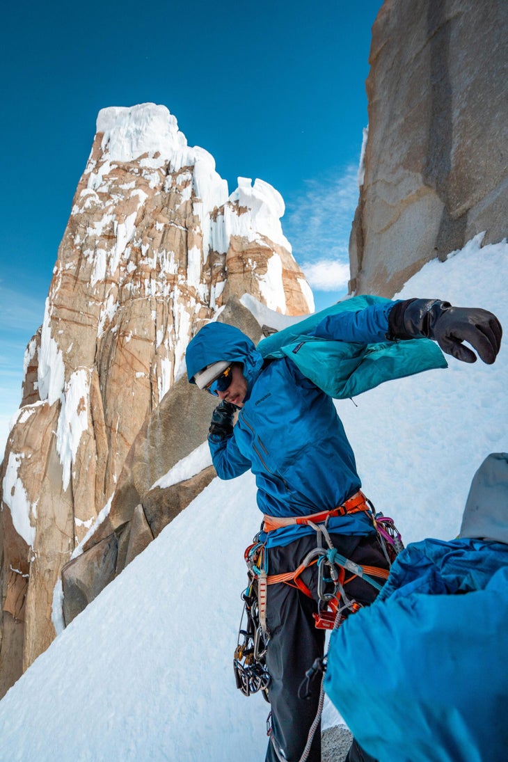 The author dons the Nano-Air Vest while wearing the M10 Storm Pant and Anorak Jacket in Patagonia