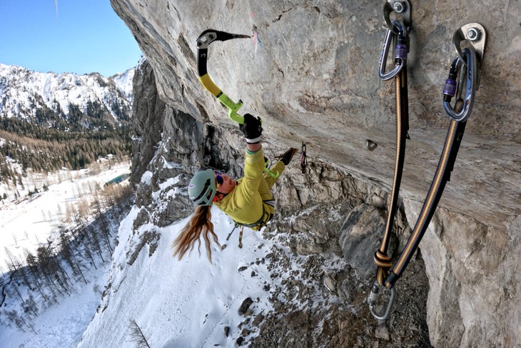 Katie Stylos makes the first female ascent of D16 drytooling route.