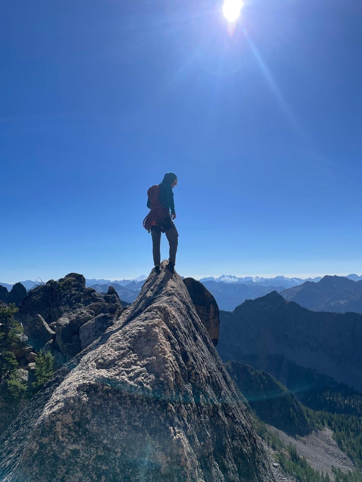 Smearing confidently on the summit of South Early Winters Spire, Washington Pass, after as ascent of Free Mojo (5.11; 800ft).