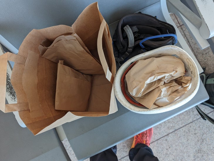 A climbing helmet packed with pastries.