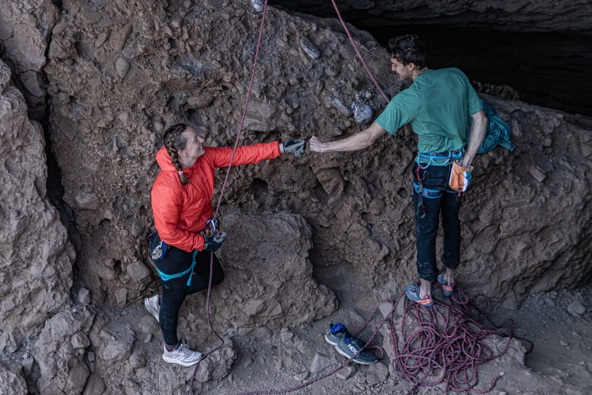 Hannah belaying Jesse at a climbing area outside Santiago, Chile