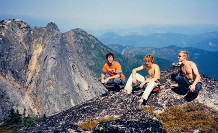 Three amigos on the summit. A hard-earned view of the Coast Mountains, after an epic alpine climb, and a moment in the sun with (left to right) me, Will, and Jonny.