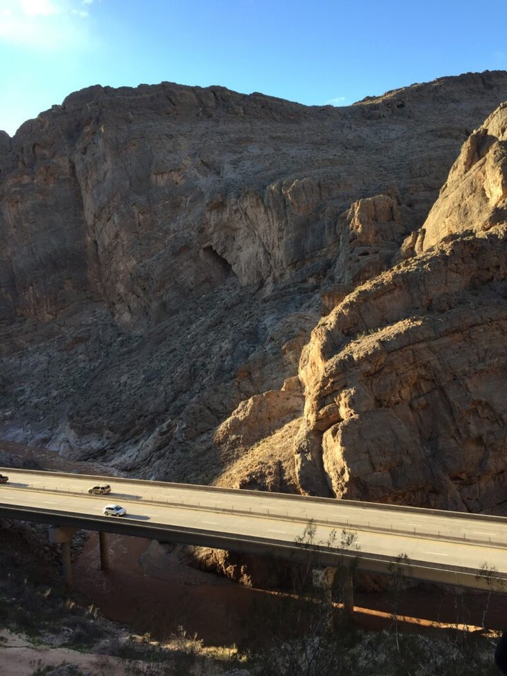 a highway running through a climbing area
