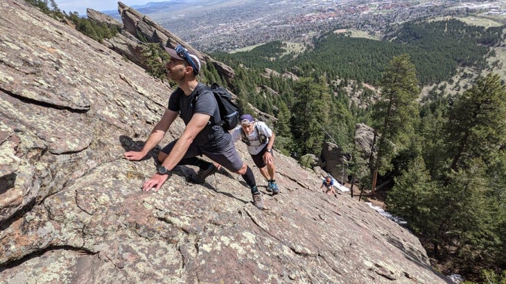 three men scrambling vs. free soloing on the flatirons