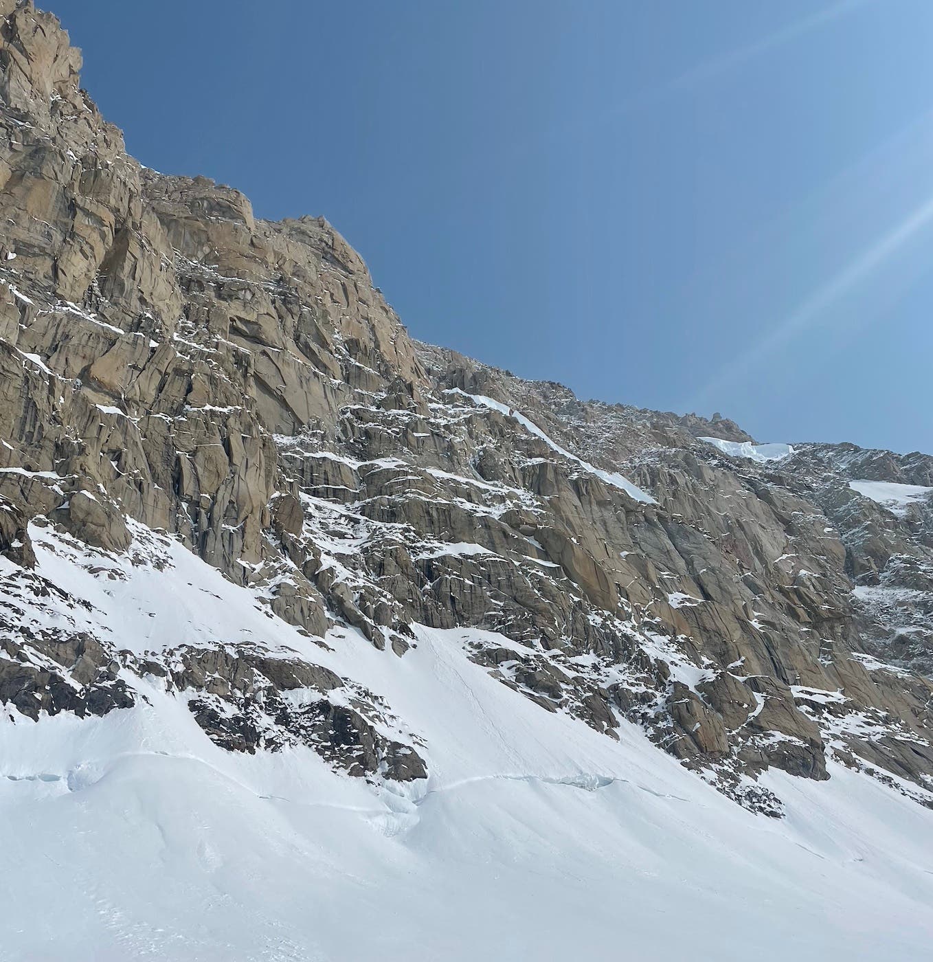 Looking up at day one's "easy" climbing, which Miller soloed to the hanging glacier in just four hours.