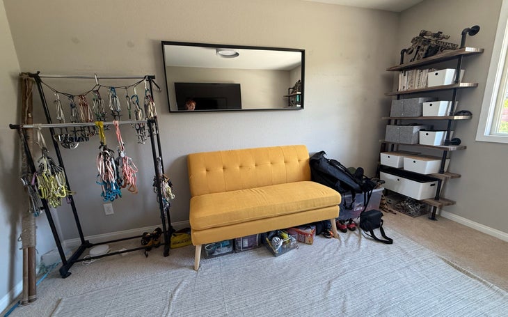 gear organized in a living room