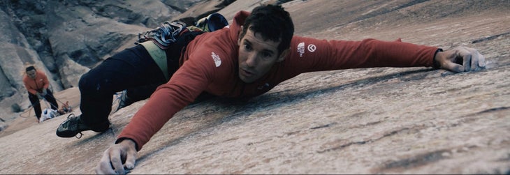 One of Alex Honnold's brief appearances in The Sound, where he and Brette Harrington climb on the Rainbow Wall, in Red Rock.