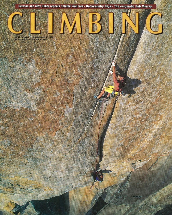 Climb No. 154: Salathe's first headwall pitch, Alex Huber on L Capiton. Hubber climbing, which is now often referred to as Salathe Light or Monster Salathe, paved the route for free rider in 1998, a variation for Salathe that skip the pitch 19 and the headwall.