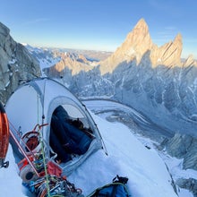 Our three-person bivy site partway up Torre Egger.