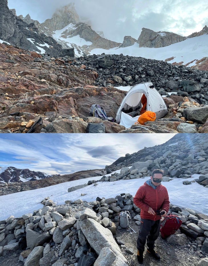 These pictures were taken almost at the same place, which was in the Pidra Negra Campstes under the Aguja Guilumate. In the top one, I with a tent while going to Sero Polon 