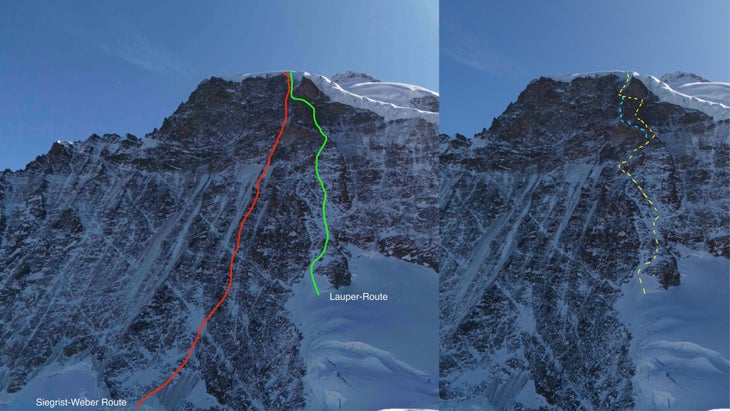 Left: The Jungfrau North Face routes with the agreed upon lines of Siegrist-Weber and Lauper. Before Nicolas Hojac and Philipp Brugger attempted the link up, they called Stephan Siegrist who told them, during his 2004 ascent, he had climbed the Lauper and had gotten slightly off route (blue line, right image) at one point. After Hojac and Brugger's ascent, Siegrist claimed he had actually done the "Ypsilon Couloir" and marked it in the vicinity of his own first ascent, the Siegrist-Weber.