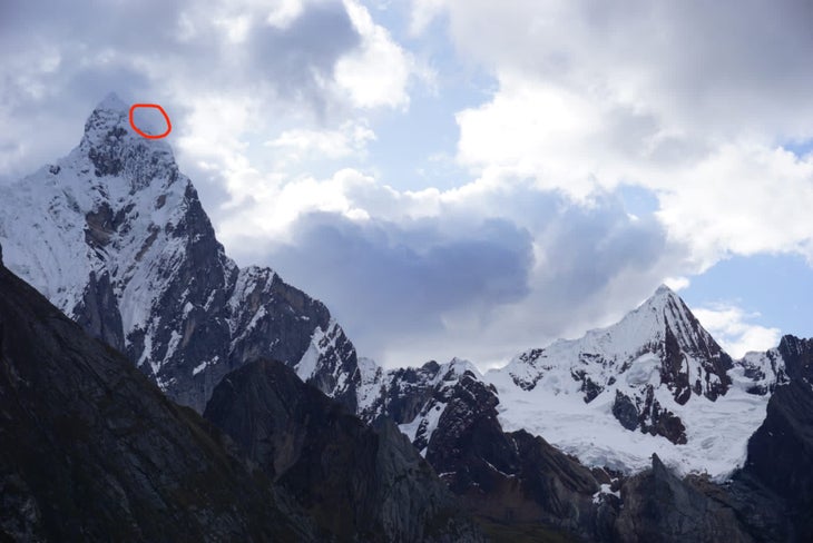 Jirishanca from the southwest. The red circle marks what the Kolibri team labels the “east summit.”
