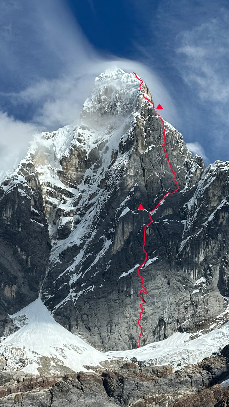 The stunning southeast side of Jirishanca with the line of Kolibri marked, which ends on a summit the climbers invented.