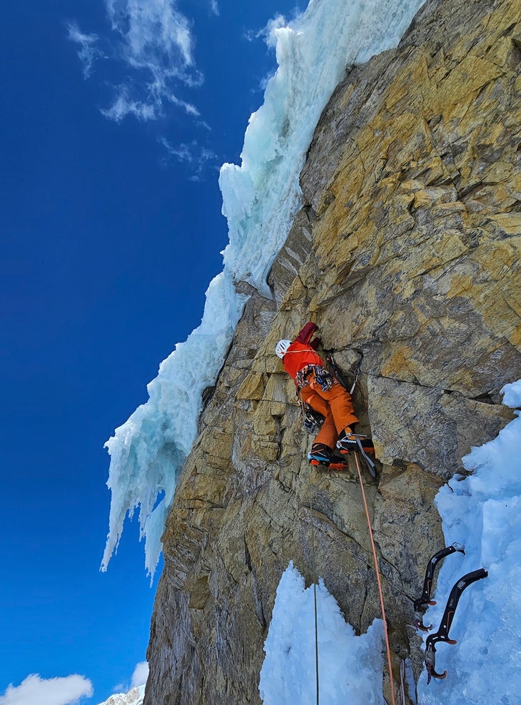 Dani Arnold leads a steep mixed pitch on Kolibri. It led to a new summit the climbers invented,