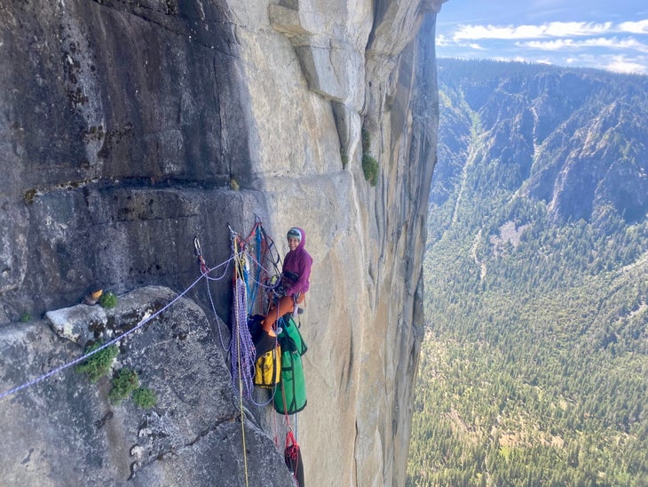 a climber wearing a fanny pack on el cap