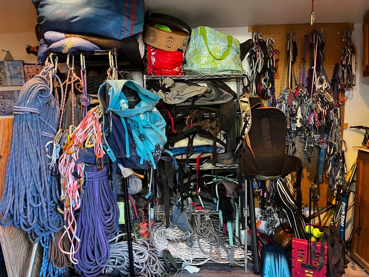gear inside a custom gear shed of a climber
