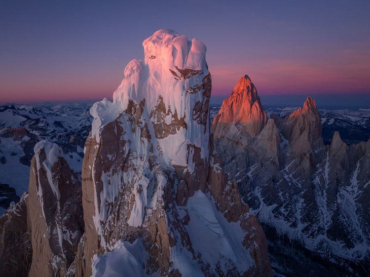 Cerro Torre at sunset during Colin Haley's first solo winter ascent of the mountain.