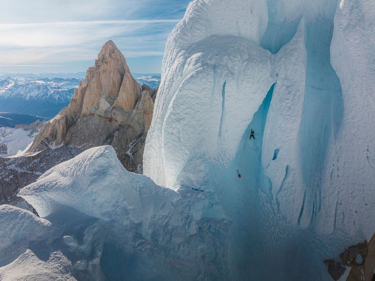 Colin Haley climbs into a rime-ice tube high on Cerro Torre's 'Ragni Route' during the first solo winter ascent.