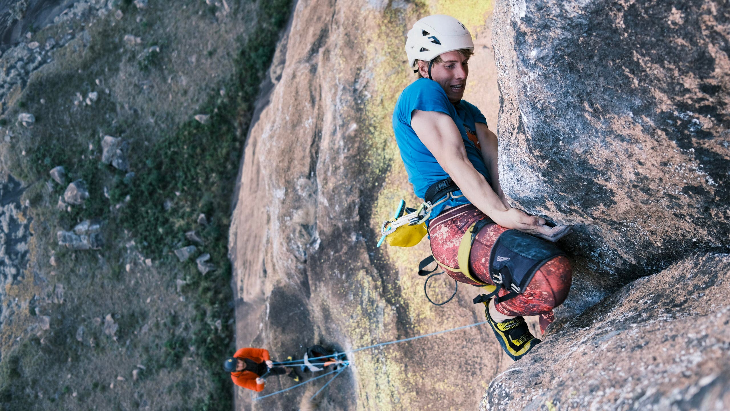 Luan Gaeumann leads a pitch on 'Famadihana' with Jamieson belaying.