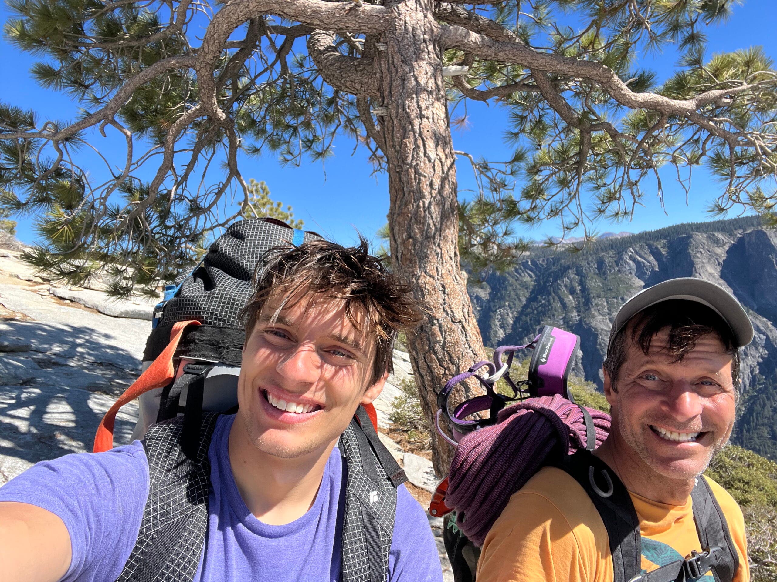Connor Herson (left) celebrates with his father, Jim Herson (right) at the summit of El Capitan in Yosemite.