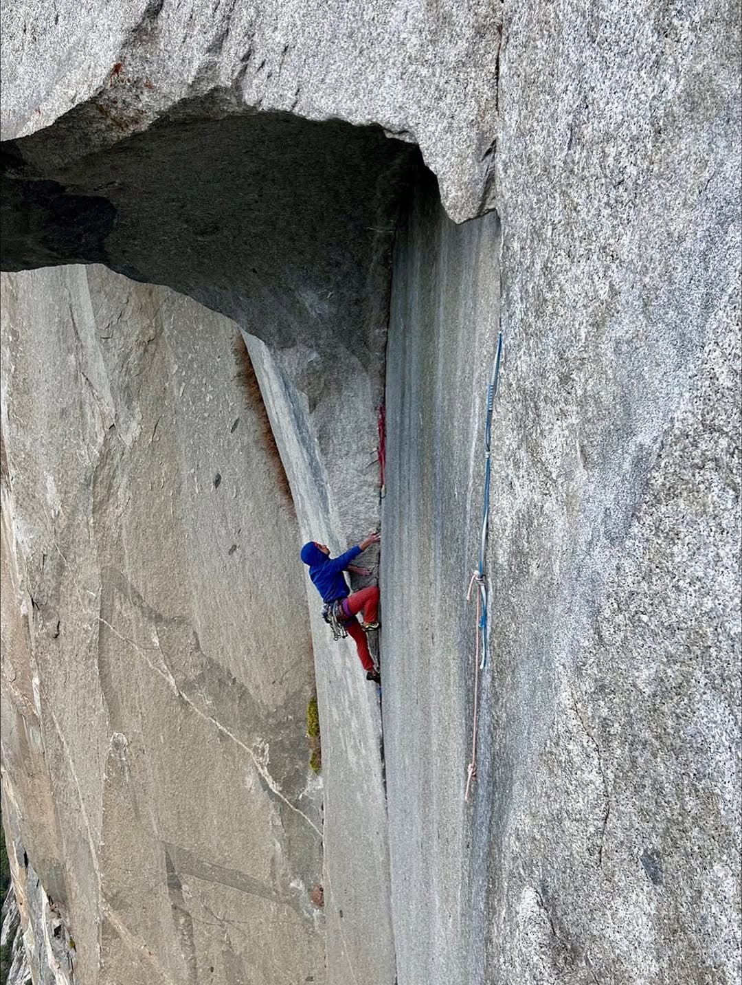 Connor Herson, 22, leads the Great Roof pitch, one of the two cruxes of 'The 'Nose' and 'Triple Direct.'
