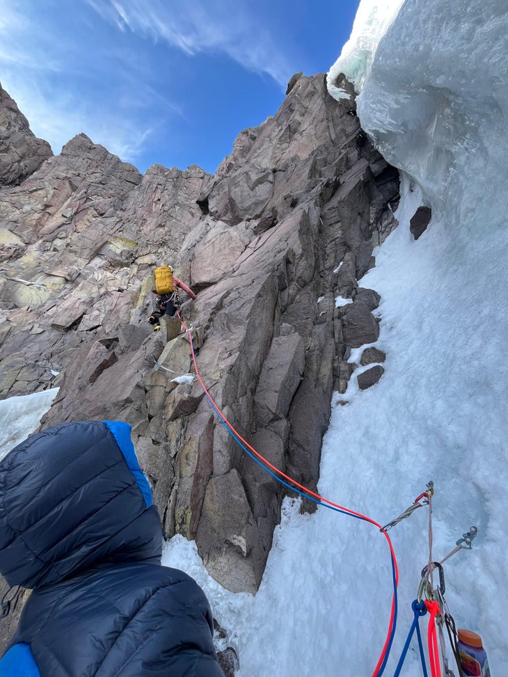 Di Prinzio on Sincronía's first pitch--a major unclimbed face in remote Patagonia--shortly before the rockfall which core shot one of their ropes.