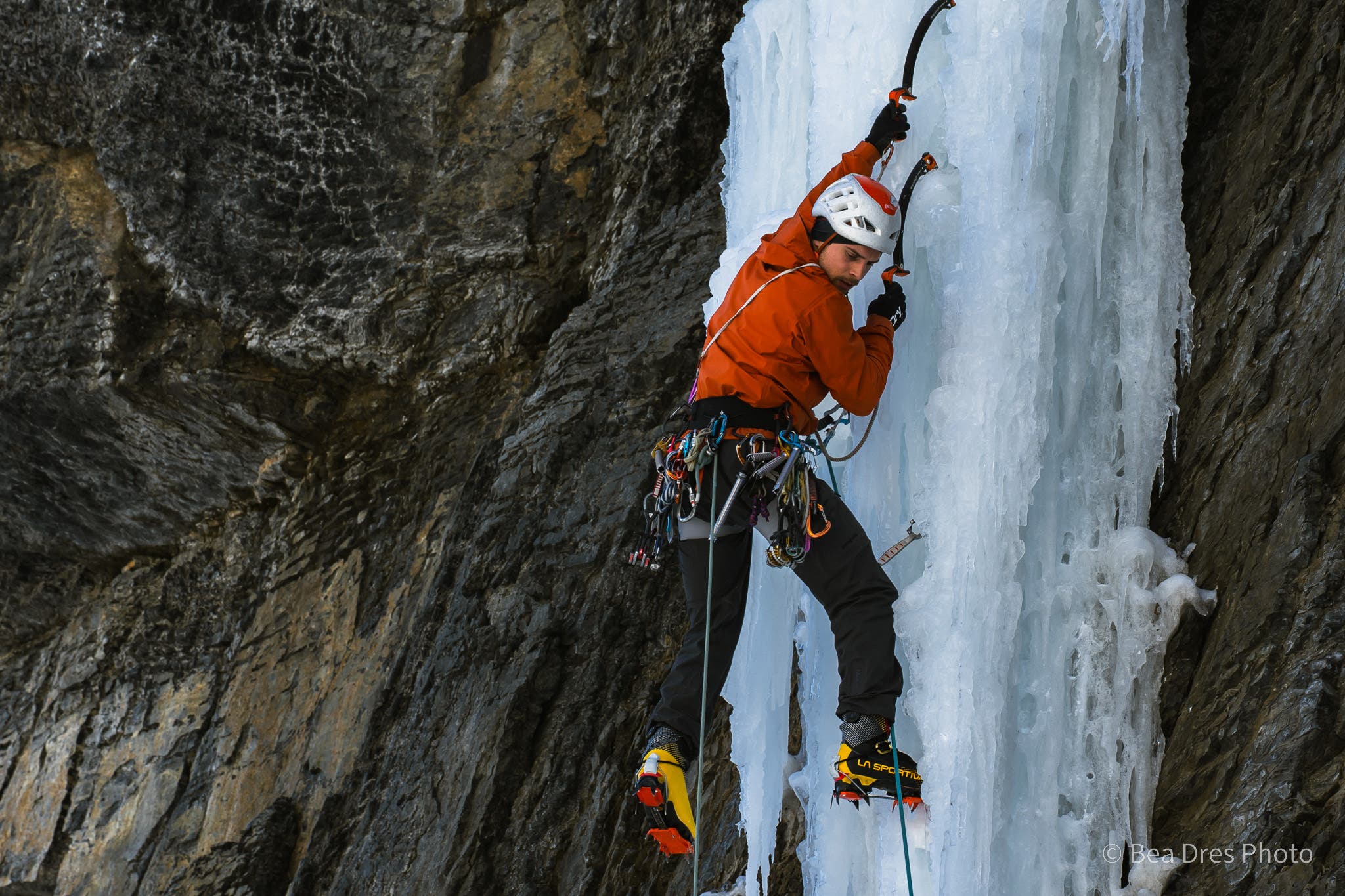 Climbing's senior editor Anthony Walsh tests out the G-Summit on steep waterfall ice in Field, B.C.