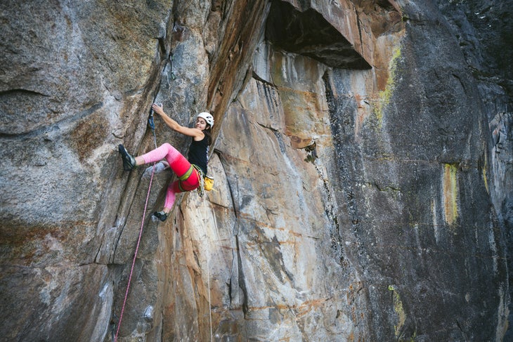 Laura Pineau makes the first female ascent of 'Wet Lycra Nightmare' (V 5.13d A0) on Leaning Tower in Yosemite.